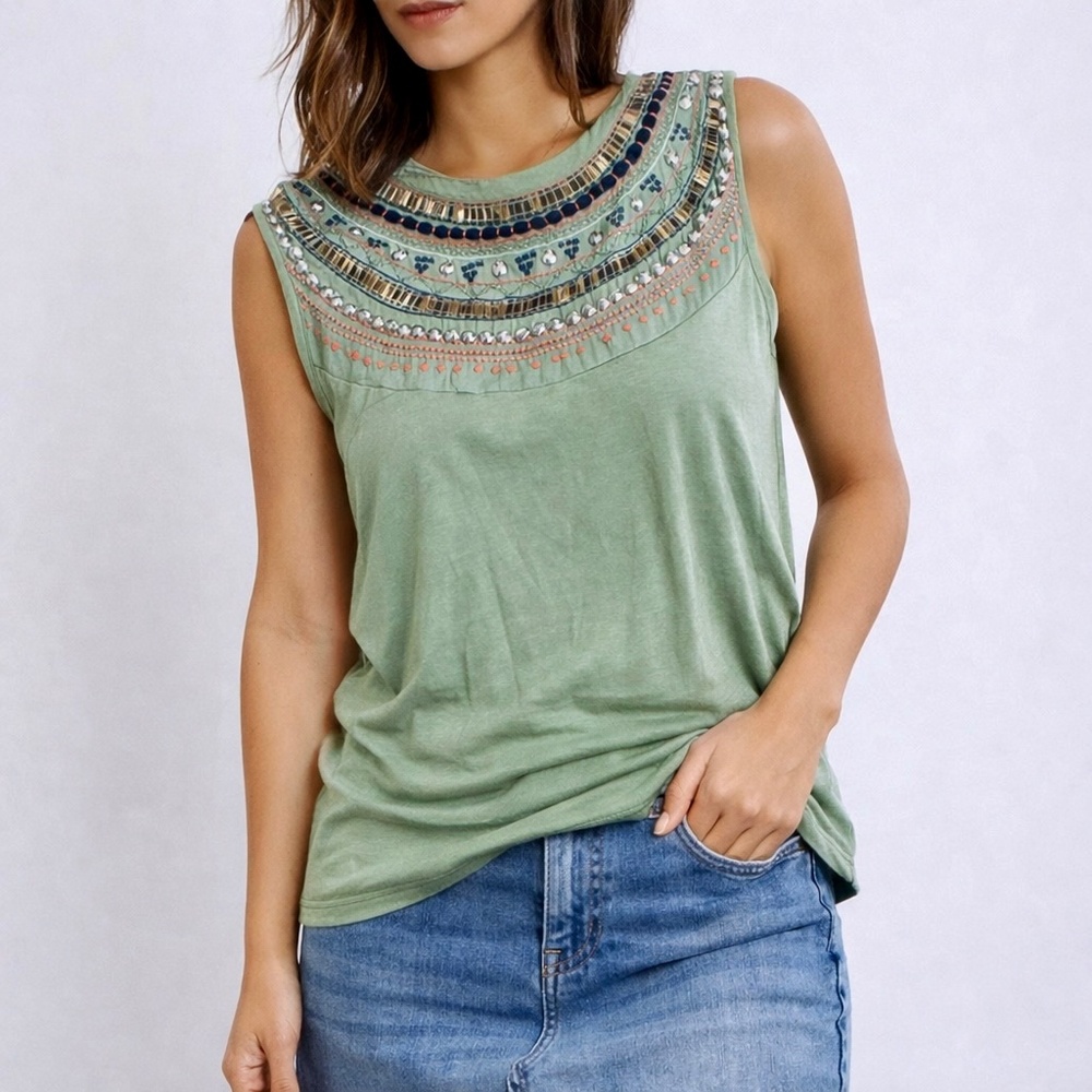 Artisan Embellished Yoke Sleeveless Blouse Sage Green Boho Top Size S